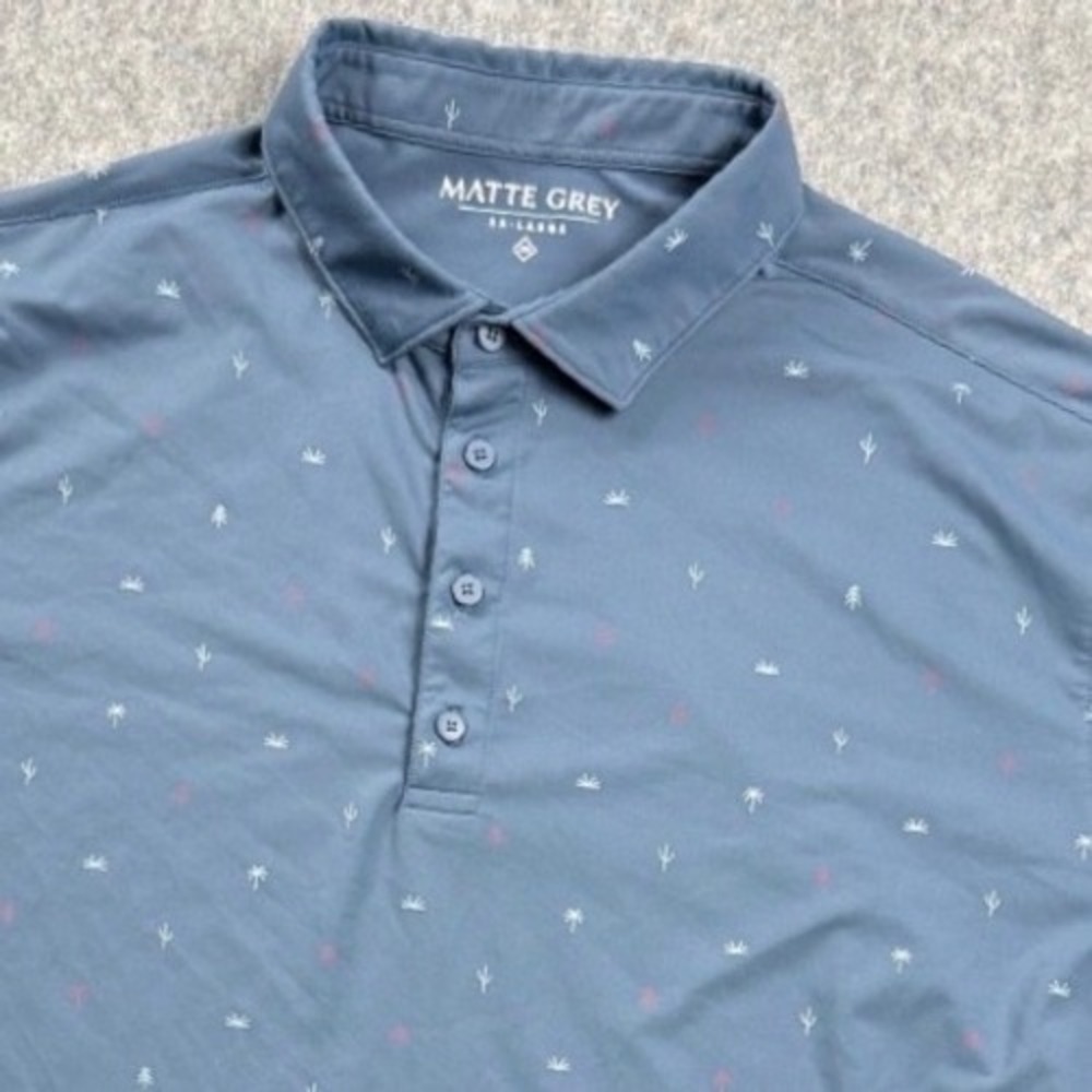 Matte Grey Mens Polo Shirt 2XL Blue Grey‎ Palm Tree Cactus Micro Print Golf Top